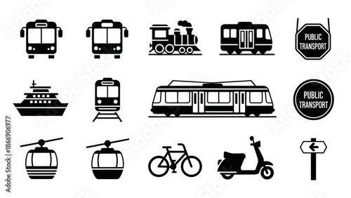 Public Transport Icons Set in Black and White