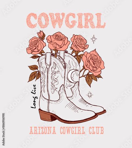 Hand drawn Cowgirl long live boot. Western desert artwork for t shirt,  cowboy Boot Vector Graphic. Arizona desert dream,  t shirt design, sticker, poster, graphic print,wild west artwork.