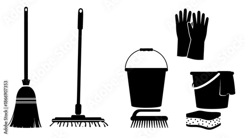 Cleaning tools silhouette set for household chores