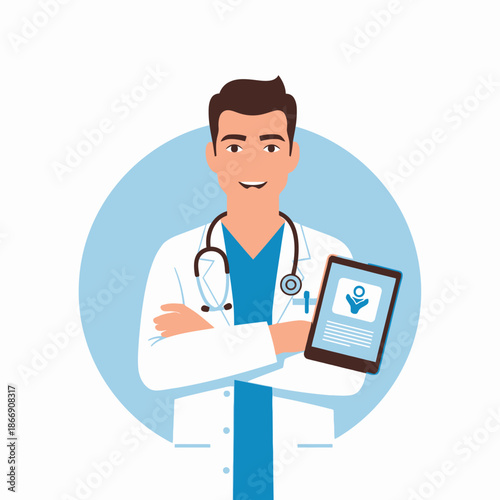 Smiling Doctor Holding Tablet with Medical App