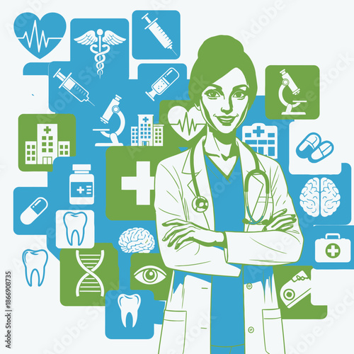 Female doctor with medical icons background