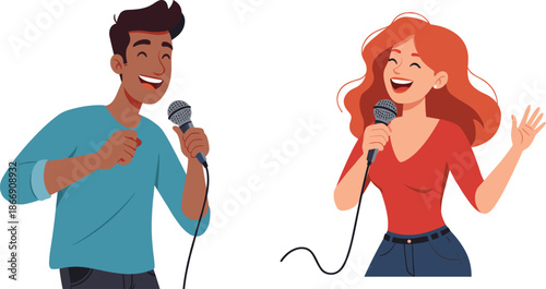 Cartoon Couple Singing Karaoke with Joyful Music, Fun Entertainment Lifestyle and Cheerful Performance Vector Illustration