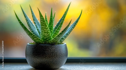 Small aloe vera plant in dark pot on windowsill