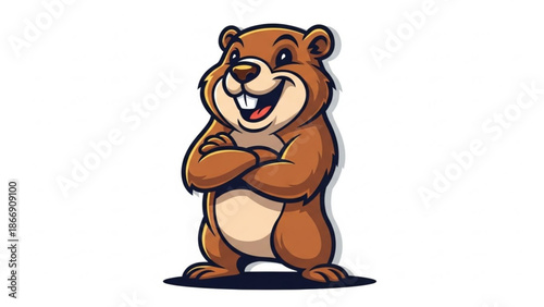 A cartoon bear standing with its arms crossed and a cheerful expression on its face