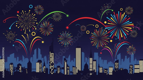 A vibrant city skyline at night with colorful fireworks exploding in the sky
