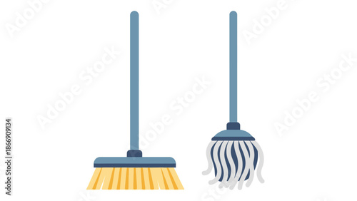 Broom and mop for cleaning, vector illustration
