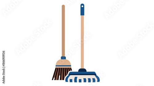 Cleaning tools: broom and mop illustration