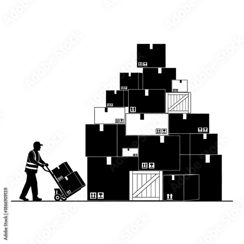 A worker pushing a hand truck loaded with boxes near stacked cardboard containers
