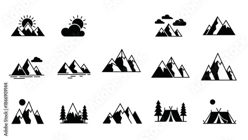 Mountain Icons Set, Outdoor Adventure Vector