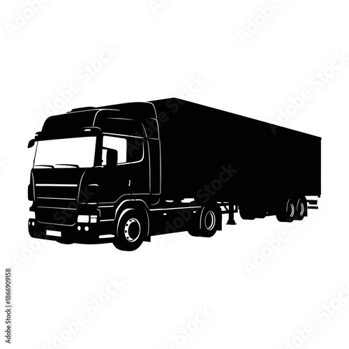 A striking black silhouette of a large semi truck with a trailer