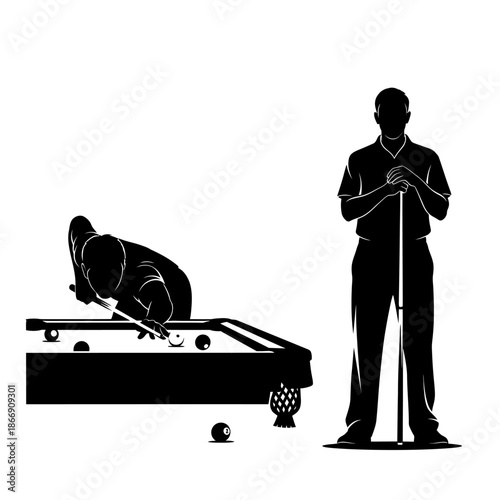 Silhouette of a billiards player preparing to shoot on a pool table