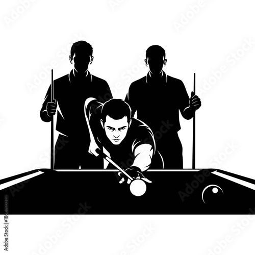 Silhouettes of three men playing a game of pool in black and white