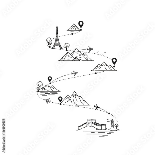 A sketched travel route featuring iconic landmarks and airplane paths