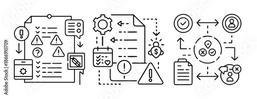 System analysis and workflow optimization with risk assessment icons