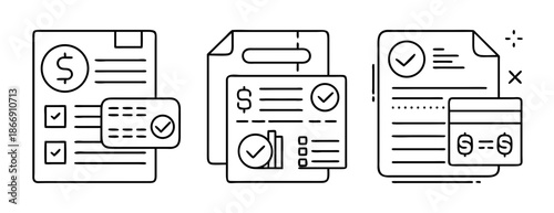 Financial reporting and document management checklist line icon set