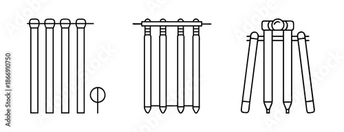 Cricket stumps and bails line art icon set: wickets, bails, match setup