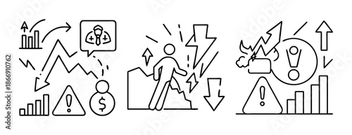 Business crisis, risk, financial volatility, market analysis icon set