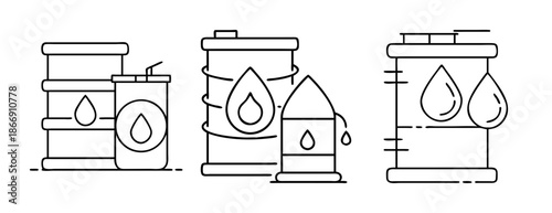 Oil, fuel, energy storage: barrels, containers with drops line art icons