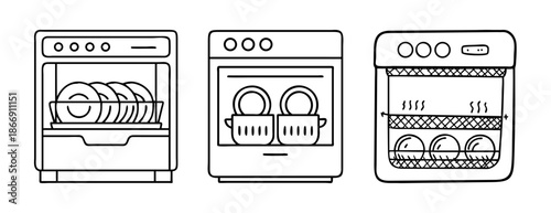 Automatic dishwashers vector outline icons, kitchen appliance line art