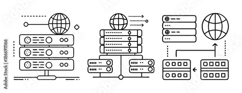 Server racks and global network infrastructure line icons, internet data concept