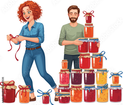 Cartoon illustration jam jars, man and woman decorating preserves, homemade fruit storage, teamwork in kitchen, cheerful couple, colorful food preparation concept