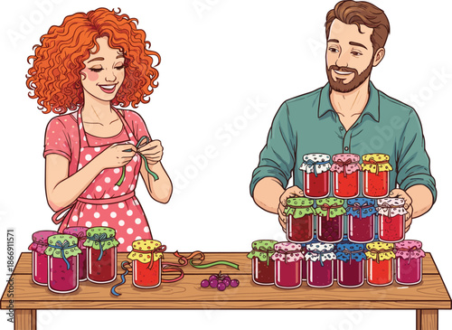 Cartoon illustration jam making, man and woman preparing jars, homemade fruit preserves, teamwork in kitchen, cheerful couple, colorful food storage concept