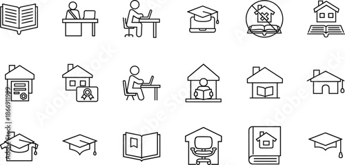 Education and Remote Learning Icon Set Featuring Homeschooling, Online Degrees, Academic Research, Graduation Success, Digital Study Tools, and University Knowledge.