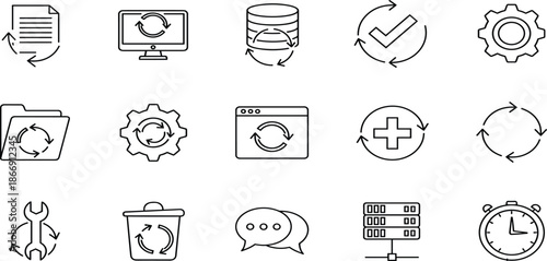 Data Management Icon Set Featuring System Refresh, Database Update, Software Maintenance, Document Processing, Technical Support, Cloud Computing, and Efficient Workflow.