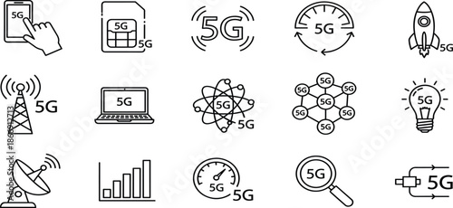5G Wireless Technology Icon Set Featuring Fast Speed Internet, Network Connectivity, Satellite Communication, Digital Innovation, Mobile Data, and Global Telecommunications.