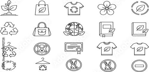Sustainable Fashion Icon Set Featuring Eco Friendly Clothing, Recycling Symbols, Organic Materials, Ethical Shopping Bags, Green Living, and Environmental Protection.