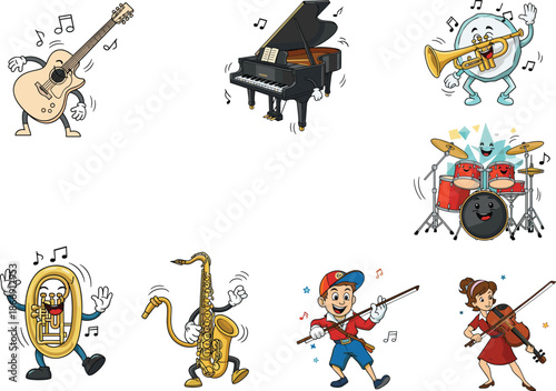 Cartoon musical instrument characters with kids playing violin, fun orchestra band clipart, jazz music concept, animated vector illustration set
