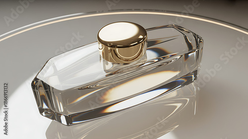Luxurious crystal perfume bottle with gold cap on reflective surface