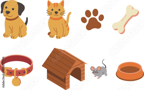 Cartoon pets and accessories including dog, cat, paw print, bone, collar, house, mouse, bowl – cad drawing flat vector illustration vectorizer