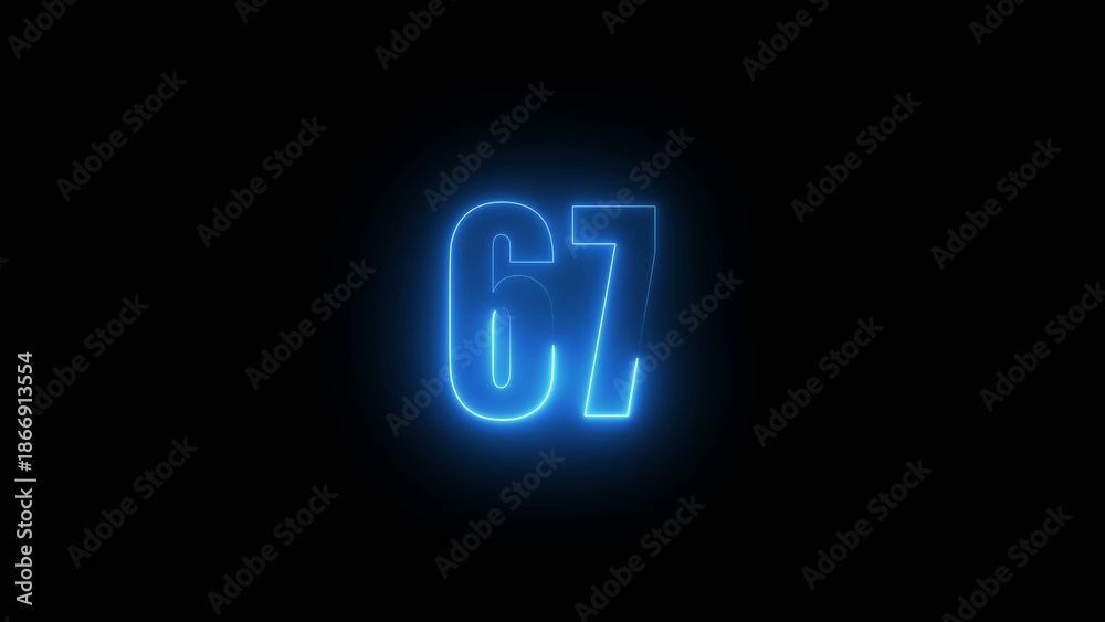 Fototapeta premium Neon glowing number sixty seven in bright blue color on a dark Generate title without using the word 