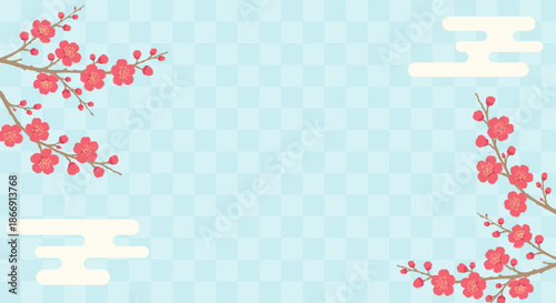 Japanese style red plum blossom background with light blue checkered pattern and clouds, spring frame
