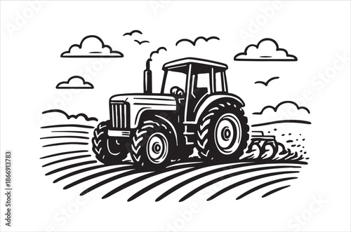 A vintage tractor plowing a field under a cloudy sky illustration