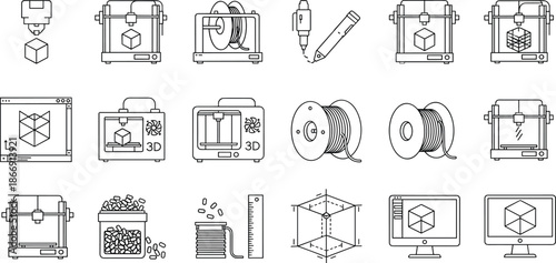 3D Printing and Genetic Engineering Line Icon Set Featuring Additive Manufacturing, DNA Helix, Biotechnology, Scientific Research, Laboratory Equipment, and Medical Technology