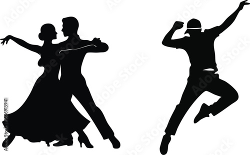Black silhouettes of a ballroom dance couple and an energetic hip-hop dancer
