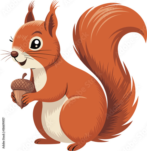 Cartoon squirrel holding acorn, cute woodland animal, bushy tail, forest wildlife, standing pose, cheerful expression, nature mascot, vector illustration, animal art