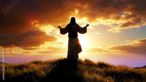 Jesus Christ Standing on Hill at Sunset.