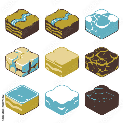 Collection of isometric game tiles representing different terrains like grass, water, ice, and rock for digital game design and development