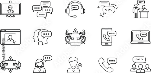 Business communication icon set for digital collaboration video conferencing corporate hierarchy teamwork remote office meeting customer support and professional networking symbols.