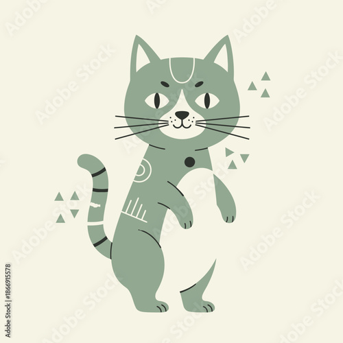 Charming modern flat design illustration of a playful green cat, adorned with unique abstract patterns, standing upright, a versatile digital graphic perfect for contemporary animal-themed projects