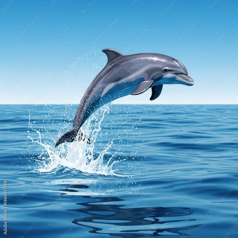 Fototapeta premium Cartoon dolphin leaping from blue ocean, water splashing, against clear sky backdrop