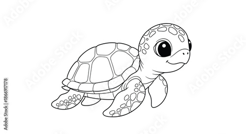 Adorable black and white line drawing of a baby sea turtle with large eyes swimming on a plain white background.