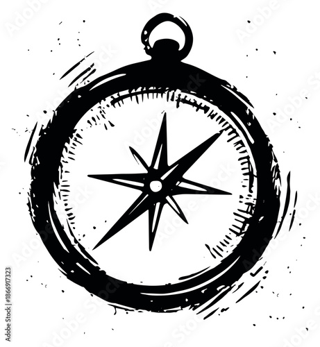 Grunge hand drawn illustration of a compass depicting direction for exploration and adventure