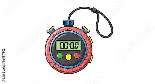 Colorful digital stopwatch with a red patterned case and various buttons used for timing sports and activities on white.