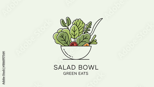 A vibrant salad bowl filled with fresh green leaves and vegetables, illustrated in a simple yet appetizing style