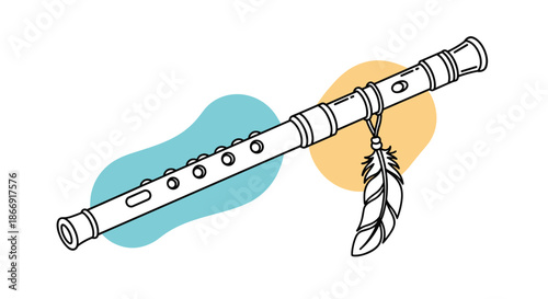 Hand-drawn illustration of a traditional wooden flute decorated with a hanging feather and soft abstract color shapes.