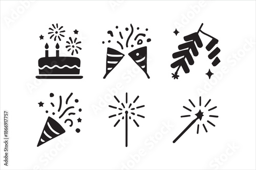 Celebration icons depicting fireworks party hats cake and festive decorations